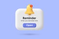 3D Reminder. Notification page with 3d bell and button. New notification of reminder for app